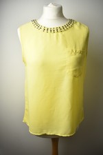 Azaka Paris Yellow Sleeveless Blouse M/L Studded Collar Summer Top