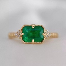 3Ct Art Deco Vintage Lab Created  Emerald & Diamond Ring 14K Yellow Gold Plated