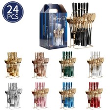 24PC CUTLERY DINNER SET STAINLESS STEEL METAL STAND RACK FORKS TEA SPOONS POLISH