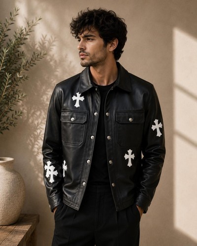 Men black leather jacket white - men,