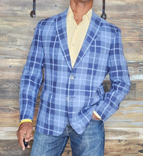 LkNw Ralph Lauren Black Label 100% Linen Blue Plaid Blazer Jacket 40S