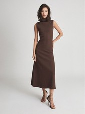 REISS Alyssa Open Back Midi Dress in Chocolate UK Size 10