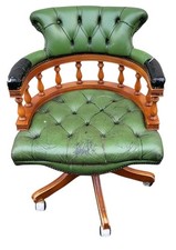Vintage Leather Captains Desk Chair Green Chesterfield Style Please Read 