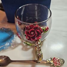 Beautiful Enamel Butterfly Flower Cup Mug with Spoon and Doily Set. New