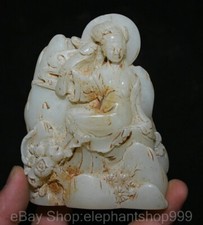 4.4" Old Chinese Natural White Jade Carving Lotus Flower Guanyin Kwan-yin Statue
