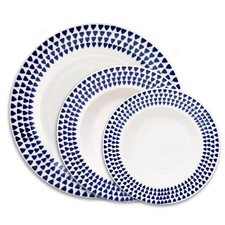 12-pc Dinner Set White Soup Dessert Plates Blue Dotted Circle Round Four Serving