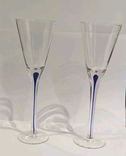 Cobalt Blue Teardrop Drip Stem Wine/champagne Glasses Hand-Blown 9” Set Of 2