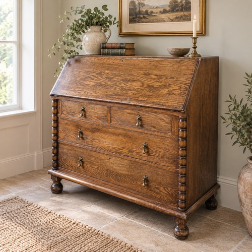 Antique oak bureau writing - bureau,