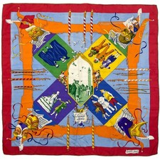 HERMES Carre 90 LE CARNAVAL DE VENISE Venice Carnival Scarf silk Red Multico...