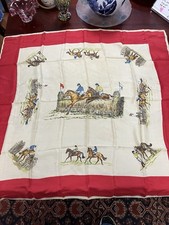 Vintage Silk Scarf Horse Racing Jockey Red Cream Hermes Style