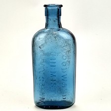Aqua chemist bottle Woodward Nottingham antique embossed EB&Co chip 6in 15cm