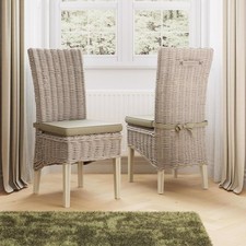Set of 2 Dining Chairs Solid Pine Dining Room Furniture Kubu Rattan Whitewash