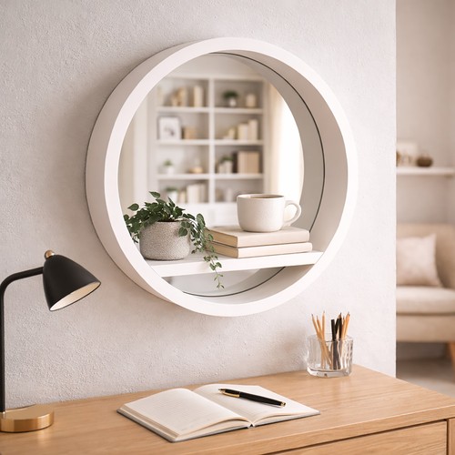 Wall mirror shelf - white, round
