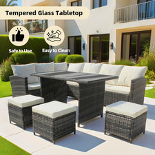 Garden Rattan Furniture Set 9 Seater Lounger Sofa Footstool Glass Table Grey