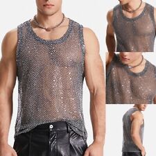 Men's Glitter Sheer See Through Fishnet Tank Top Sexy Mesh Muscle Vest S 3XL