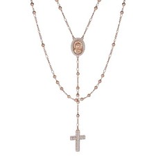 Rosary Beads Iced CZ Cross Necklace Rose Gold Plated & Real 925 Silver Rosario