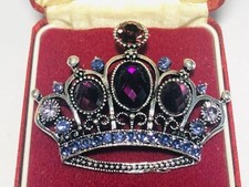 Vintage Style Royal Crown Brooch Silver Tone Purple Crystal Openwork Coronation