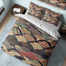Japanese Brown Bedding Set, Oriental Pattern Cotton Duvet Cover Adults Bedroom B