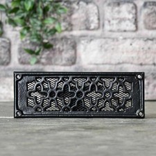 Black "Flower Pattern" Flat Cast Iron Air Brick Cover 9" x 3.1" with Mesh