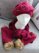 New Alice Hannah Maroon Beige Beret Style Hat & Scarf Set with Faux Fur Pom Pom