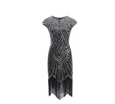 UK 1920s Sequin Fringed Cocktail Party Great Gatsby Costume Flapper Dress