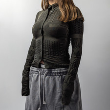 Marithe+Francois Girbaud Embroidered Y2K 00s Green Stretch Top Cardigan 2/S-M