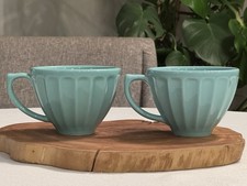 Set Of 2 Anthropologie Biscuit Latte Cups Mugs Teal / Seafoam Green Portugal