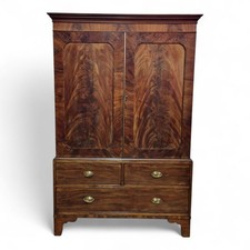Georgian Mahogany linen press / Antique flame panelled wardrobe with drawers