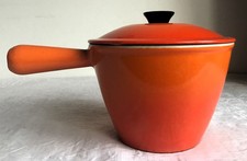 Vintage Heavy Cast Iron French Le Creuset Fondue Pot Saucepan in Flame Orange.