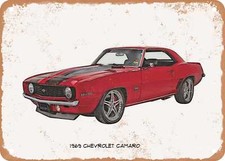Classic Car Art - 1969 Chevy Camaro And Pencil Sketch - Rusty Look Metal Sign