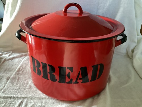 Red enamel lidded bread bin - enamel,