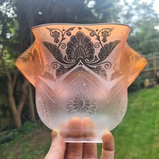 Original Victorian Orange Peach Glass Oil Lamp Shade Crystal etched 6.6cm fit