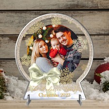 Acrylic Personalised Christmas Photo Family Snow Globe Plaque Sign on Stand Gift