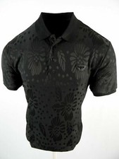 Mens Polo Shirt Black Floral Textured Semi-Transparent Material Slim Fit Stretch