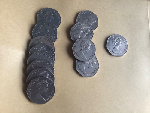 Old style 50p coins - style, 1980