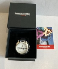 LAMBRETTA QUARTZ Silver White Stainless Wrist Watch Black Leather Band NOS