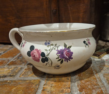Antique Floral Ceramic Chamber Pot – Hand-decor Pink Roses & Worn Silver Trim