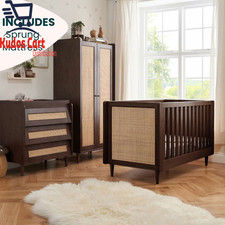Tutti Bambini Japandi 4pc Nursery Furniture Set Walnut Cot Bed Matress Wardrobe