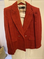 Zara Women's Red Boucle Lined Blazer Jacket Size L 10/12