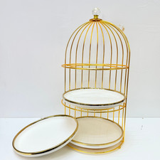 Elegant 3-Tier Gold Cage Round Cake Stand w/Ceramic Plates - Stylish Display