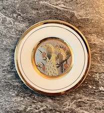 Small Display Plate The Art of Chokin 24k Gold Trim Edge Peacock + Bird