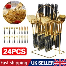 24PCS Cutlery Dinner Set Stainless Steel Metal Stand Rack Forks Tea Spoons NEW