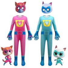 UK Kids Super Kitties Cat Cosplay Costume Jumpsuit Mask Fancy Dress Outfit Gifts