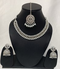 Asian Party Wear Necklace Set Silver colour zhumkiEarring Tikka Bridal Indian