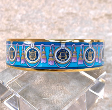Vintage Hermes Enamel Bangle Bracelet Light Blue Enamel Tassel Gold Rim Size 65