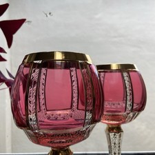2 Moser Crystal Cabochon Wine Hocks Goblets Glasses 8” Cranberry Pink 24 Kt Gold