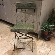Vintage Green Boho Rattan Folding Bistro Chair Black Metal Frame Garden, Dining