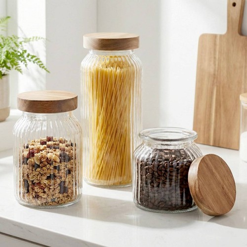 Glass storage jar wooden lid - storage,