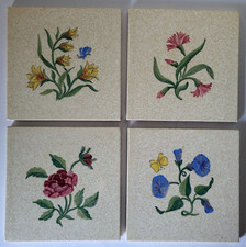 FOUR RETRO MID CENTURY PILKINGTON FLOWERS & BUTTERFLIES CERAMIC TILES 6" SQ