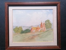 Vintage Watercolour Landscape Painting, "Oast House Farm, Kent," Fields, Hills.